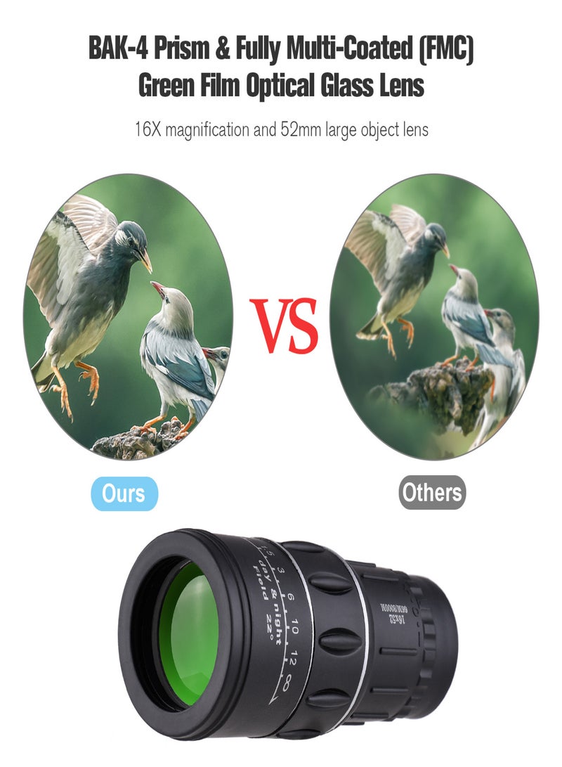 16X52 Portable Mini Monocular Telescope High-Power High-Definition Telescope with 1/4 Inch Screw Hole Tripod Phone Clip Lens Cap Cleaning Cloth for Travel Sightseeing Bird Watching Fishing Hunting - Image 4